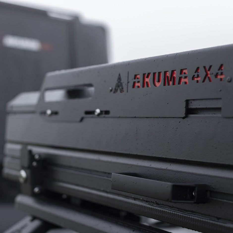 Close up of Akuma logo on accessory rails fitted to Tub Mount tent