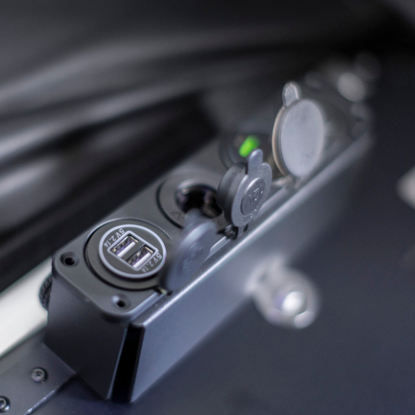 Close up of accessory power socket board inside K'gari Tub Tent