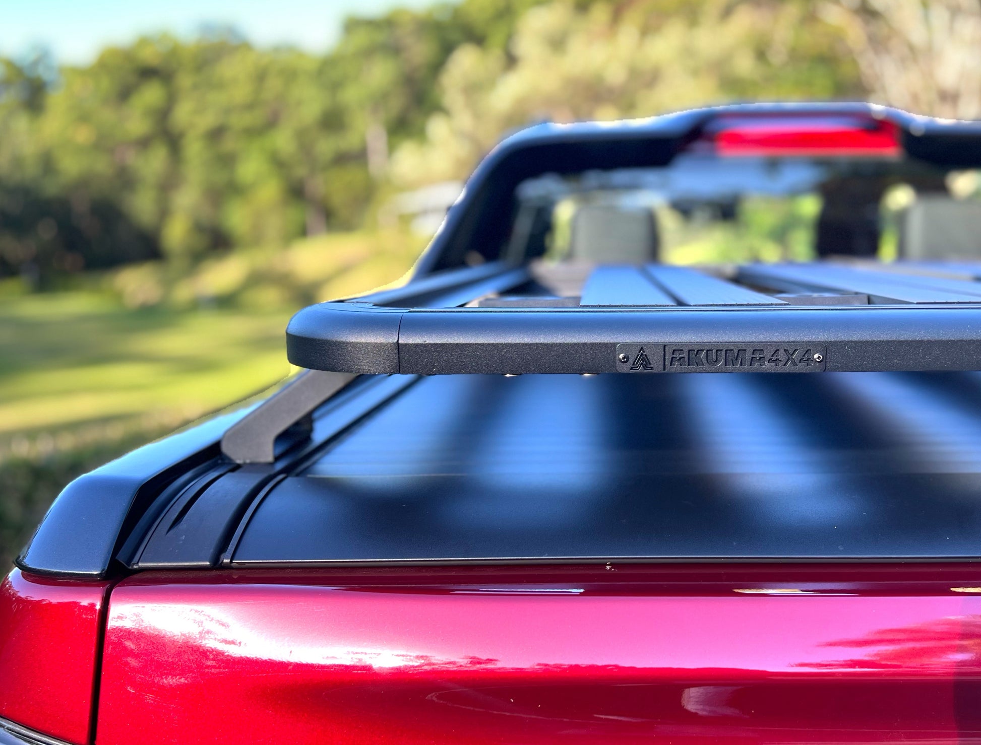 Close up of Akuma 4x4 logo on D-Max Tub Rack