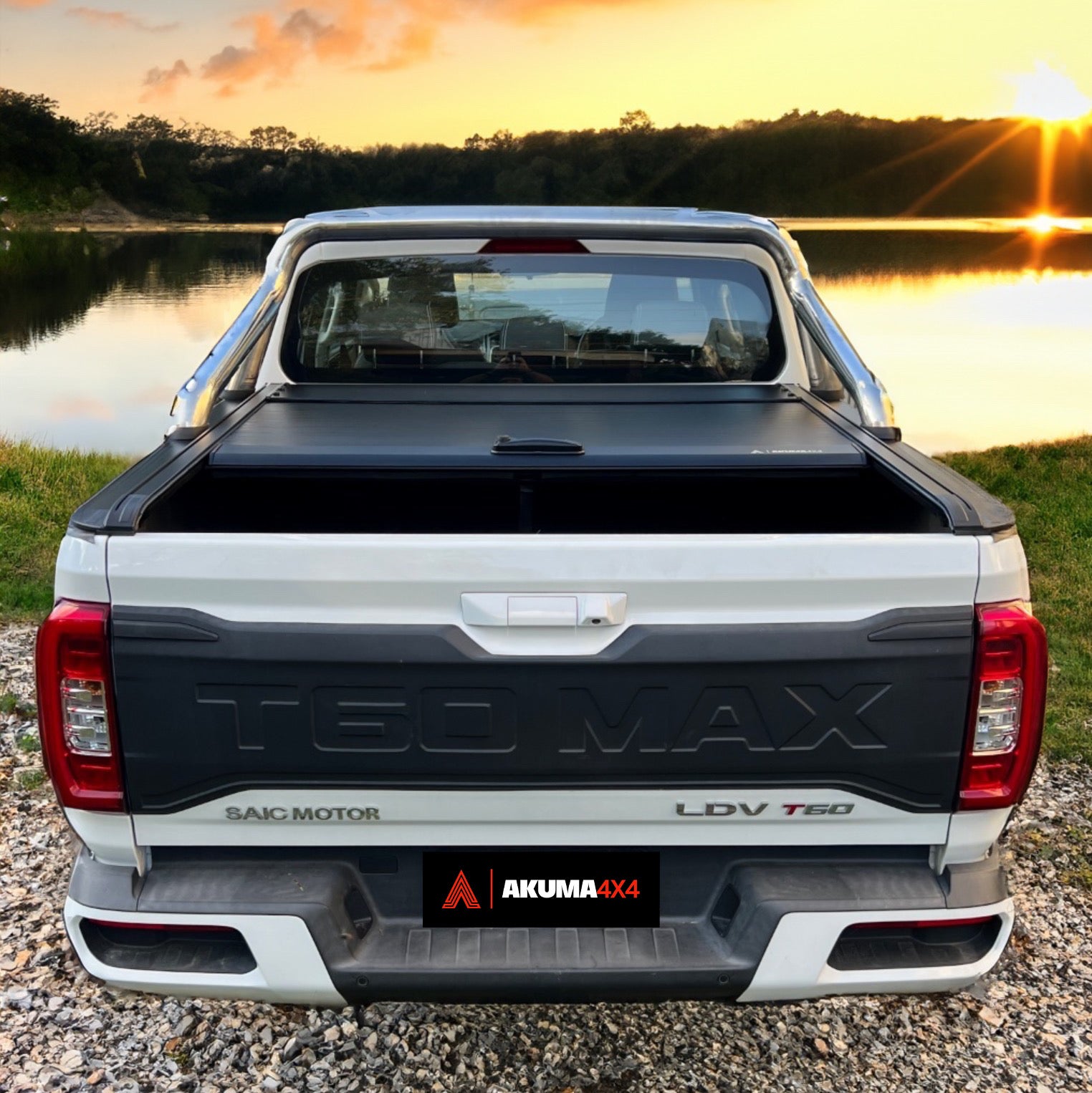 Rear view of half open roller tonneau on LDV T60 with sports bar