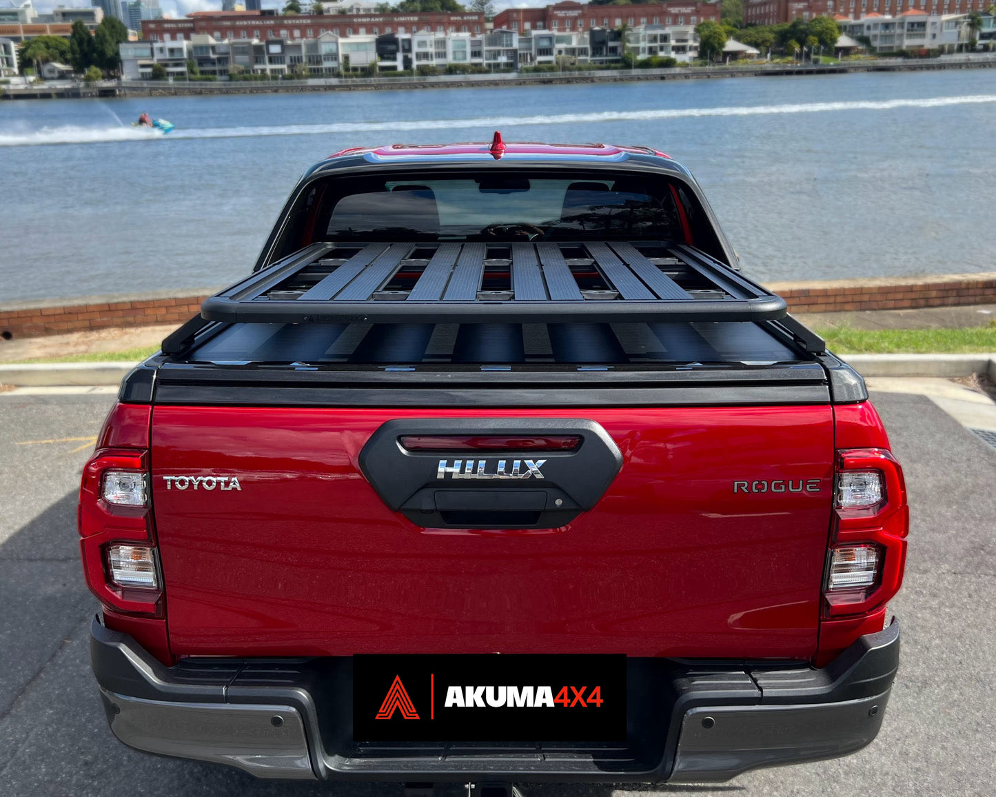 Rear view of a Hilux Rogue Tub Rack Platform by Akuma 4x4