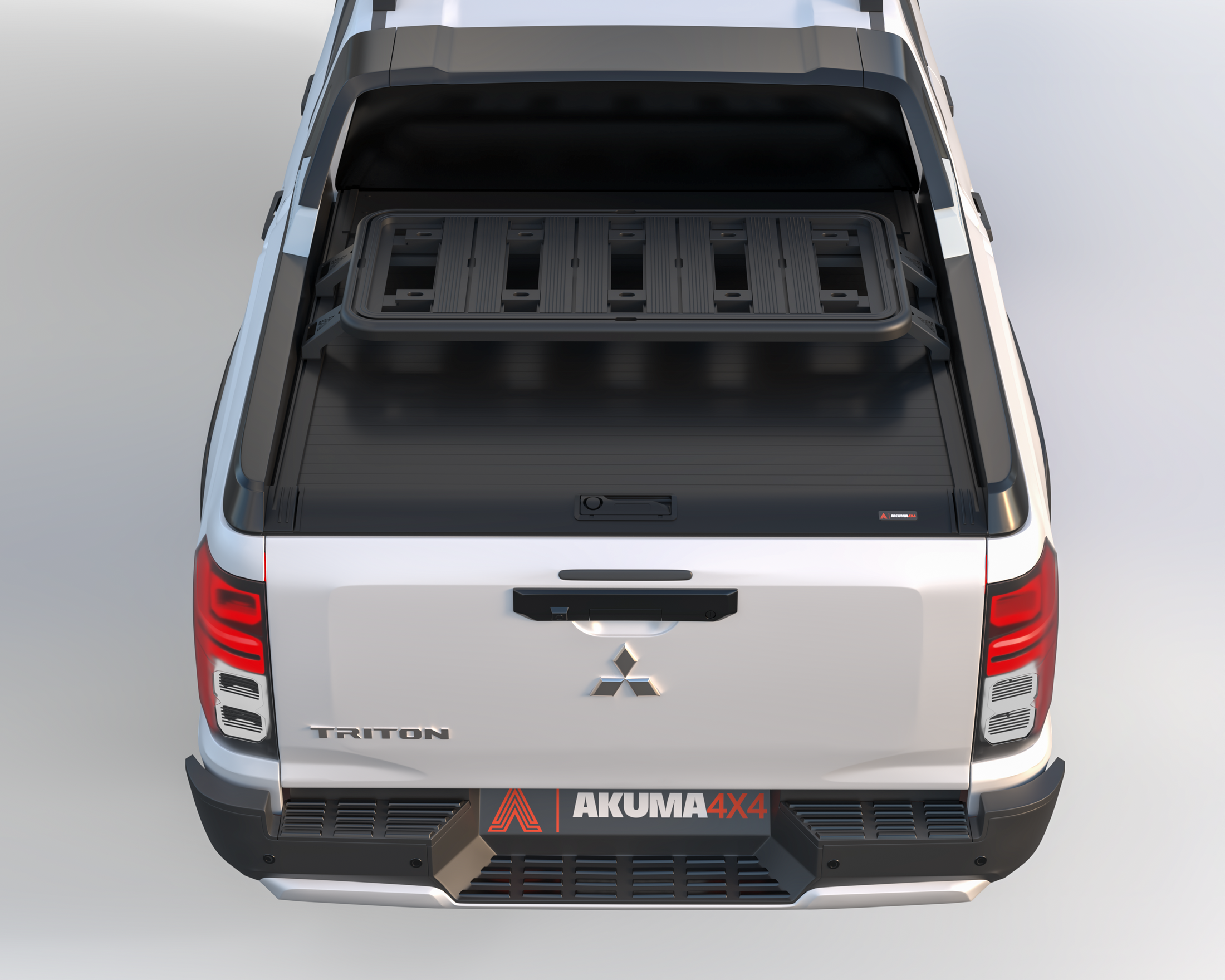 Rear view of an Akuma 4x4 Compact Tub Rack fitted to roller cover on a Mitsubishi Triton MV